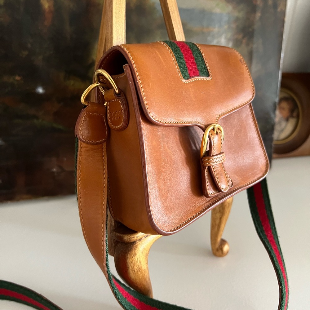 Gucci Ophidia Brown Leather Crossbody Bag with Green and Red Strap - Picture 2 of 8